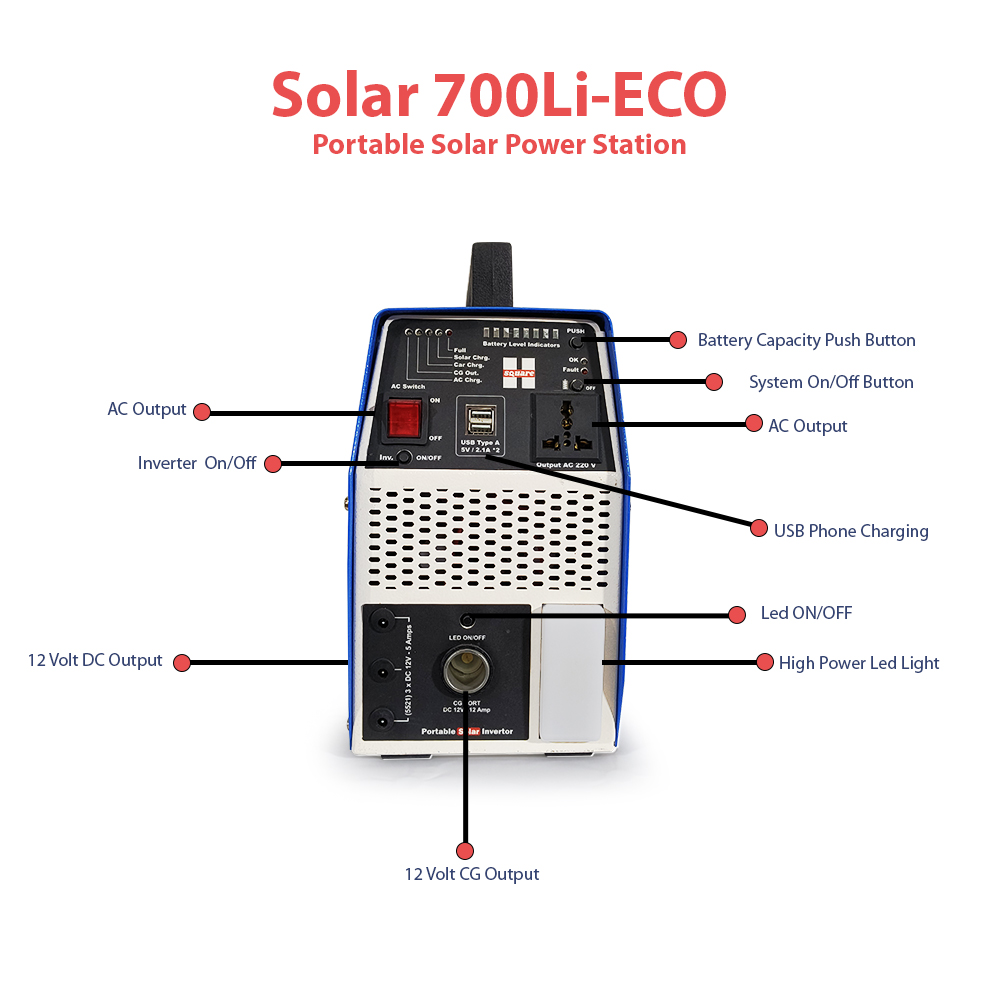 700VA Solar Power Station, In-built Lithium Battery, Portable, Model: Solar 700Li-Eco