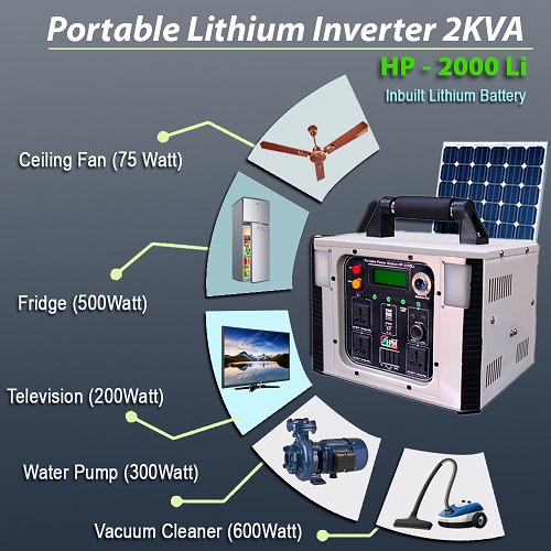 2KVA Solar  Home Inverter with In-built Lithium Battery, Portable, Model: HP-2000 Li
